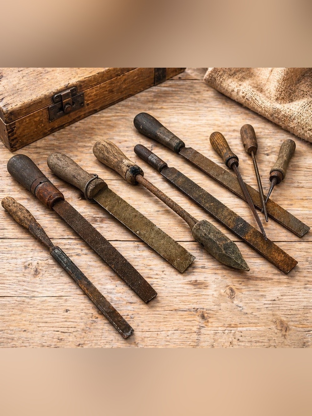 Antique Rustic Wood Handle Files & Chisels Tool Mixed Lot 1900s USA -Collectible
